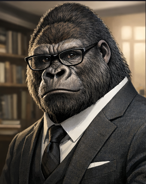 The Observer, a composed silverback gorilla in a tailored suit and glasses.